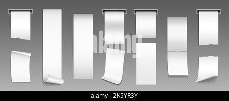 Blank white paper receipts in slot of pos or atm machine. Empty cash checks of purchases in store or supermarket, payment bills mockup isolated on transparent background, vector realistic set Stock Vector
