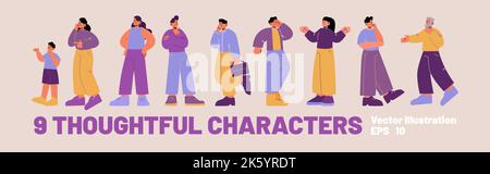 Thoughtful characters set. Diverse people think. Curious, confused, doubt and puzzled men and women, boy and elderly person isolated on background, vector flat illustration Stock Vector