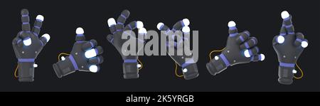 3D illustration set of robotic hand gestures isolated on black background. Robot showing victory, ok, call me, thumbs-up sign, snapping and crossing fingers for good luck. Chatbot design icons Stock Photo