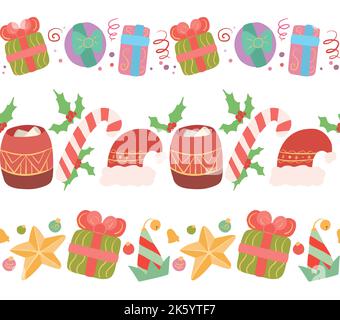 Vector set of seamless festive borders. Frame with candles, santa hat and sock, christmas gifts, decoration and confetti. Christmas element for cards Stock Vector