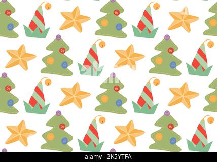 Vector seamless Christmas pattern. Wallpaper with flat cartoon new year toys - christmas trees, elf hats and stars on white background. Festive textur Stock Vector