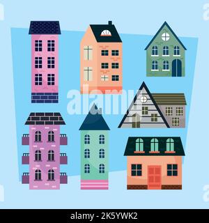 seven houses facades icons Stock Vector