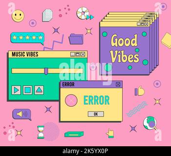 Set of vaporwave UI and UX elements. PC retro game frame. Nostalgic style 70s, 80s, 90s. Stock Vector