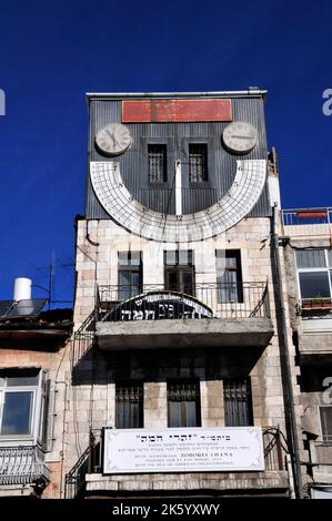 The vertical sundial on the fourth floor of Zoharei Chama Synagogue or the Mahane Yehuda Clock Tower on Jaffa Road in West Jerusalem Israel. Stock Photo