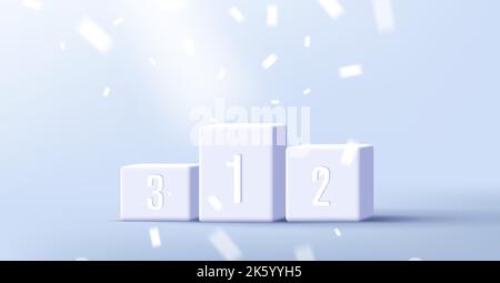 3d White podium winners, firs second and third place with spotlight and confetti on light background Stock Vector