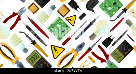 Tools for electrician. Repair of radio electronic and microprocessor equipment. Spare parts components and service. Isolated on white background Stock Vector