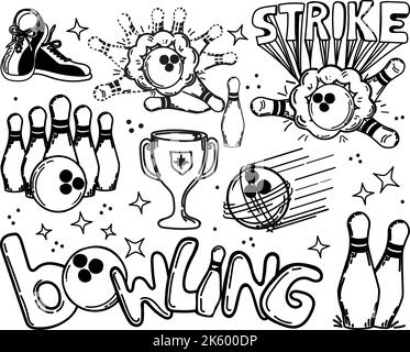 A set of hand-drawn elements with a bowling theme. Bowling ball, pins, shoes. Cup. Victory. Handwritten inscription strike . Ball smashes pins. Flying Stock Vector