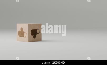 approval or condemnation. thumb up or down on wooden cube. Accepted and rejected concept. Like and dislike icon on wooden cubes with smart background. Stock Photo