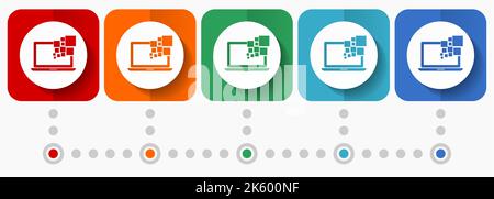Laptop, notebook, computer vector icons, infographic template, set of flat design symbols in 5 color options Stock Vector