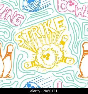 A seamless pattern of spotted, hand-drawn doodle-style elements. Bowling ball, pins. Handwritten strike lettering. Ball smashes pins. Flying ball at t Stock Vector