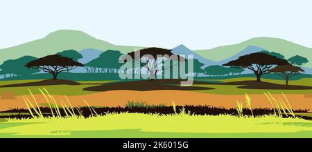 African savannah landscape. Silhouette picture. Africa acacia tree. Vector. Stock Vector