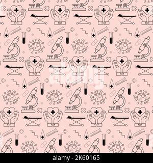 medical pattern with pills crosses test tubes virus microscope gurney hands with heart Stock Vector