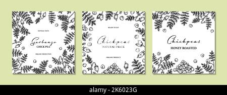 Set of hand drawn chickpeas botany backgrounds. Vector illustration in sketch style. Packaging design Stock Vector