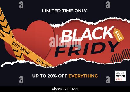 Gradient black friday horizontal banner template with torn edges and heart Stock Vector