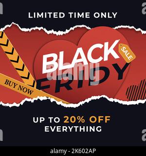 Gradient black friday square banner template with torn edges and heart Stock Vector