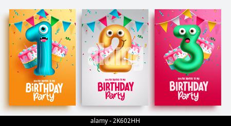 Birthday party vector poster set design. Birthday greeting text lay out collection with inflatable number balloons and cake elements for background Stock Vector