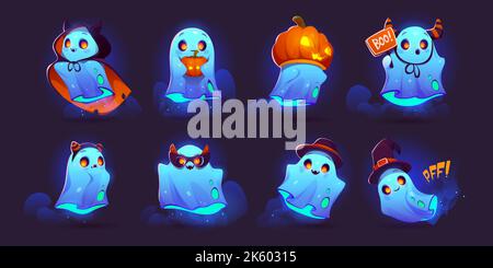 Cartoon set of Halloween ghosts on dark background. Spooky neon spirit characters wearing black hats, masks, cloak, illuminated Jack-o'-Lantern pumpkin. Scary holiday decorations. Vector illustration Stock Vector