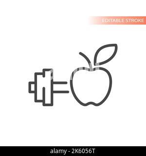 Dumbbell and apple line vector icon. Healthy eating and workout outlined symbol. Stock Vector