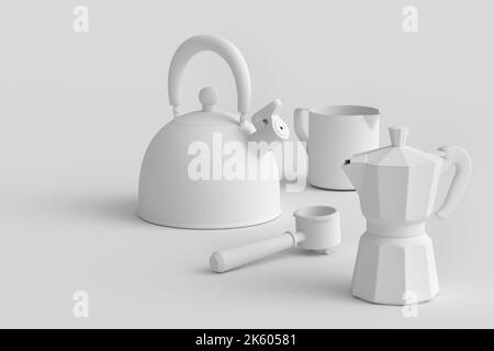 Espresso coffee machine, kettle with horn and geyser coffee maker for preparing breakfast on monochrome background. 3d render of coffee pot for making Stock Photo