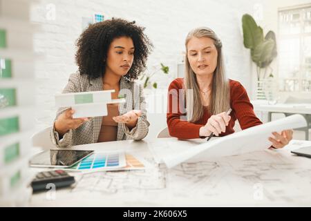 Mature businesswoman collaborates with a colleague. Two businesspeople brainstorm during a meeting. Team of designers working on a building project Stock Photo