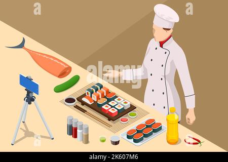 Isometric Chef Cook Recording Video On Camera at Kitchen. Chief In White Uniform, Food Blogger or Cooking Video Blog. The Chef Making Sushi on the Stock Vector