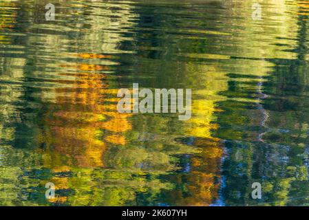beautiful river reflection autumn Abstract background rippled water surface texture colorful Close up trees clean waves Stock Photo