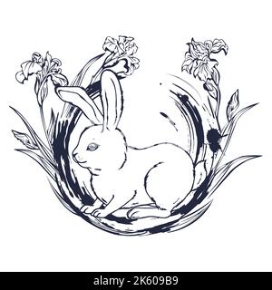 Cute rabbit sits in a wreath of blooming irises. Stock Vector