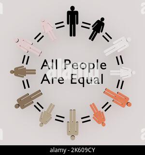 3D illustration of a circle composed equation marks between men and women silhouettes in various colors with the script All People Are Equal. Stock Photo