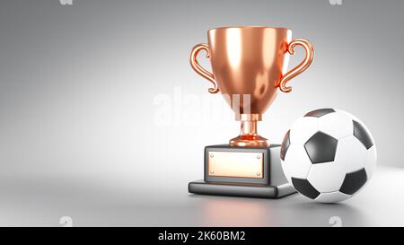 Bronze trophy cup and soccer ball or football on gray background with copy space . 3D rendering . Stock Photo