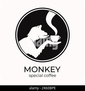 Monkey with a cup of coffee or tea. Logo or badge for coffee shops and cafes. Vector illustration. Special logo. Stock Vector