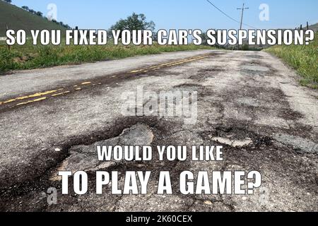 Road infrastructure damage funny meme for social media sharing. Road potholes and maintenance joke. Stock Photo