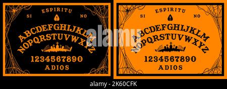 Halloween Ouija Board on wooden texture. Planchette play with calling souls and demons. Party poster. Graphic, caligraphy, typography, alphabet, lette Stock Vector