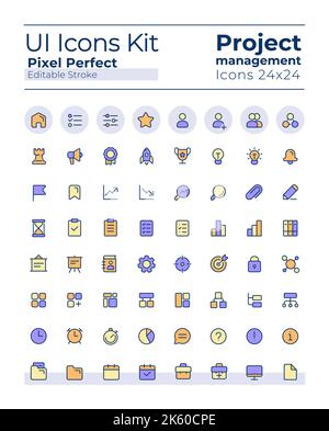 Project management pixel perfect color linear ui icons set for dark ...