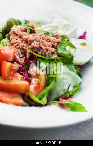 Tuna salad with veggies and eggs, selective focus Stock Photo