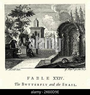 Vintage engraving The butterfly and the snail, From the Fables of John Gay 18th Century Stock Photo