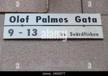 Stockholm city landmarks in Sweden. Olof Palmes Gata street name sign. Stock Photo