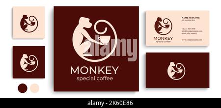 Monkey with a cup of coffee or tea. Logo or badge for coffee shops and cafes. Vector illustration. Special logo. Stock Vector