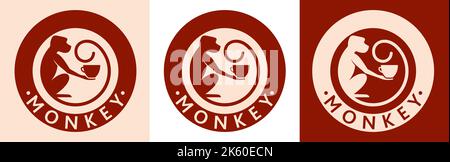 Monkey with a cup of coffee or tea. Logo or badge for coffee shops and cafes. Vector illustration. Special logo. Stock Vector