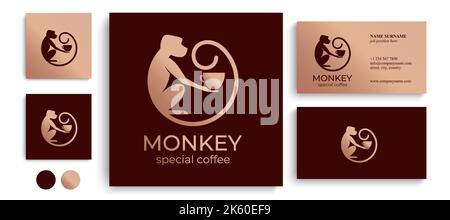 Monkey with a cup of coffee or tea. Logo or badge for coffee shops and cafes. Vector illustration. Special logo. Stock Vector