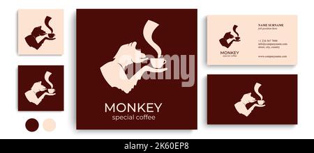 Monkey with a cup of coffee or tea. Logo or badge for coffee shops and cafes. Vector illustration. Special logo. Stock Vector