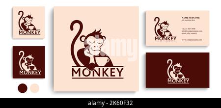 Monkey with a cup of coffee or tea. Logo or badge for coffee shops and cafes. Vector illustration. Special logo. Stock Vector