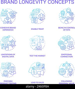 Brand longevity and service quality blue gradient concept icons set Stock Vector