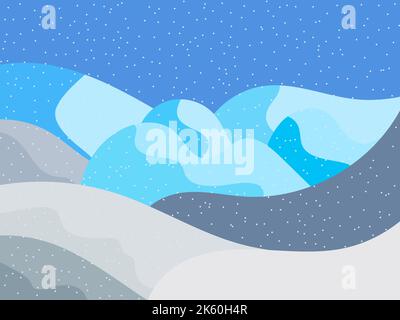 Winter landscape with snowy hills. Mountain landscape in flat style, winter cold weather. View of the snowy hills. Design for posters, travel agencies Stock Vector