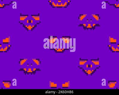 Halloween scary face with glowing eyes in pixel style. Seamless pattern with scary faces carved on a pumpkin in 8-bit 80-90s video game style. Design Stock Vector