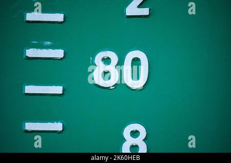 close up of the draught marks on a green ship's hull, focussing on the number 80 Stock Photo
