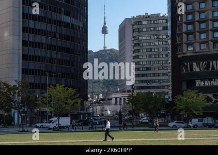 Seoul, South Korea. 11th Oct, 2022. People seen walking at Seoul Plaza in Seoul. (Photo by Simon Shin/SOPA Images/Sipa USA) Credit: Sipa USA/Alamy Live News Stock Photo