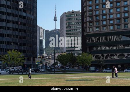 Seoul, South Korea. 11th Oct, 2022. People seen walking at Seoul Plaza in Seoul. (Photo by Simon Shin/SOPA Images/Sipa USA) Credit: Sipa USA/Alamy Live News Stock Photo