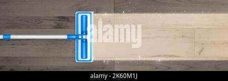 Mop cleaning dirty floor, sweeps dust top view. Vector ad background of house cleanup equipment with realistic broom with cloth duster make wooden floor surface shiny Stock Vector