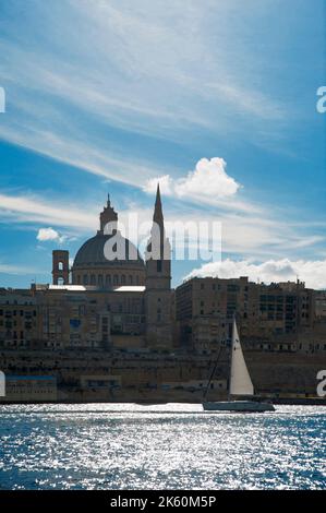 La Valletta, Capital of Culture 2018, skyline with the Carmelite Church dome and St. Pauls Anglican Cathedral, Malta Island, Mediterranean Sea, Europe Stock Photo