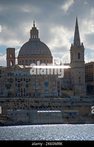 La Valletta, Capital of Culture 2018, skyline with the Carmelite Church dome and St. Pauls Anglican Cathedral, Malta Island, Mediterranean Sea, Europe Stock Photo